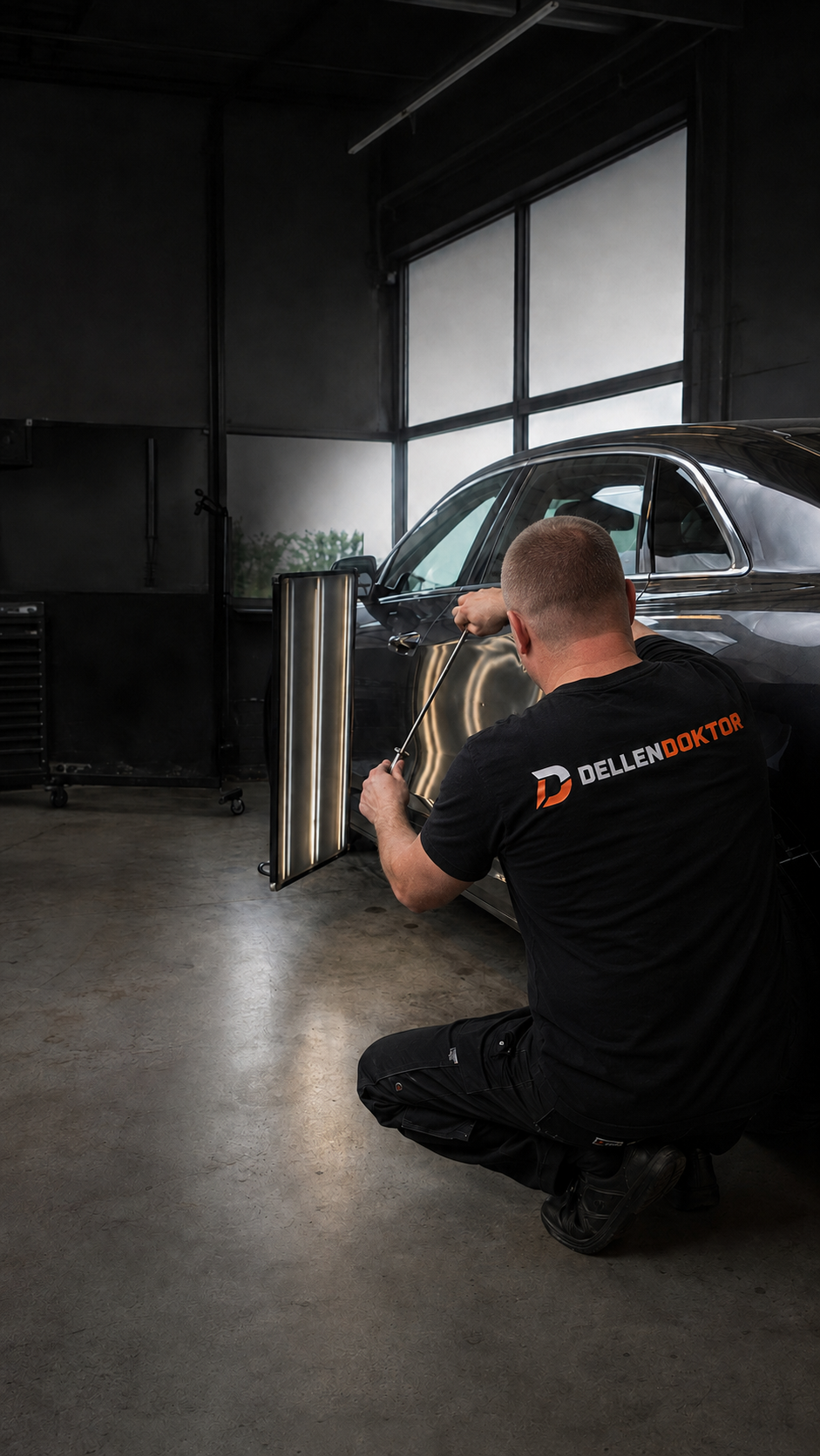 PDR-Techniker bei der lackfreien Dellenentfernung am Fahrzeug
