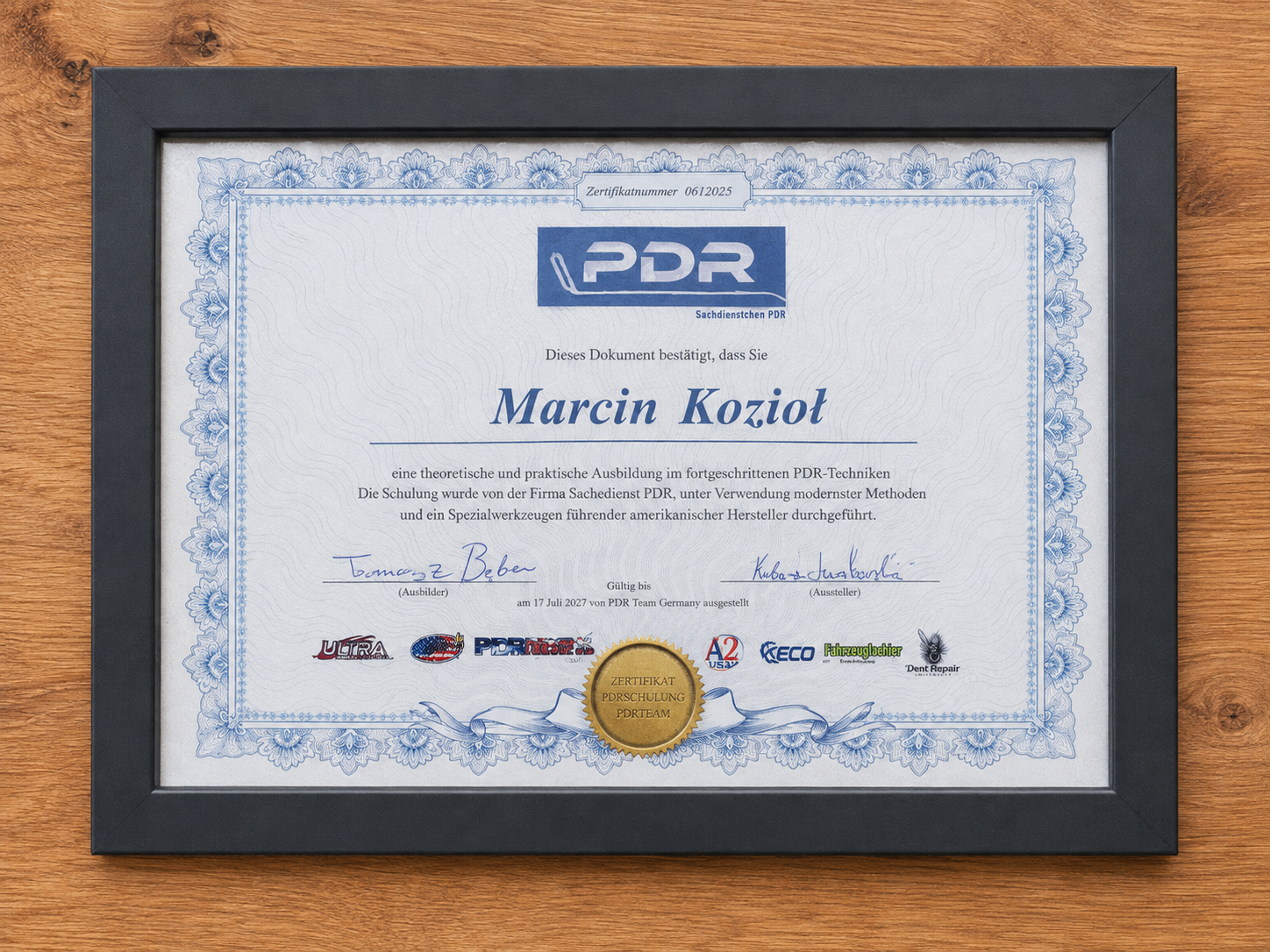 PDR-Zertifikat von Marcin Koziol – Ausbildung in fortgeschrittenen PDR-Techniken, PDR Team Germany